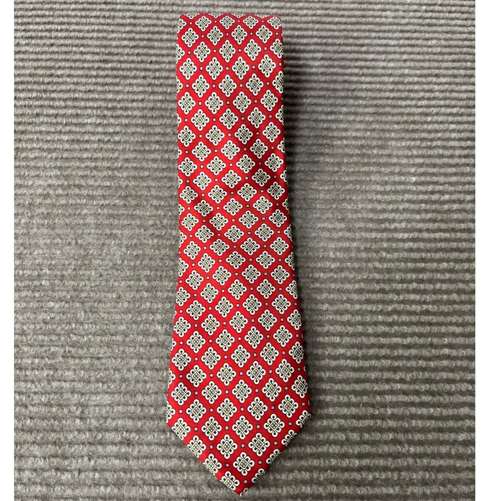 Lands End Mens Red Geometric Medallion Silk Tie Hand Sewn USA‎ Classic Necktie